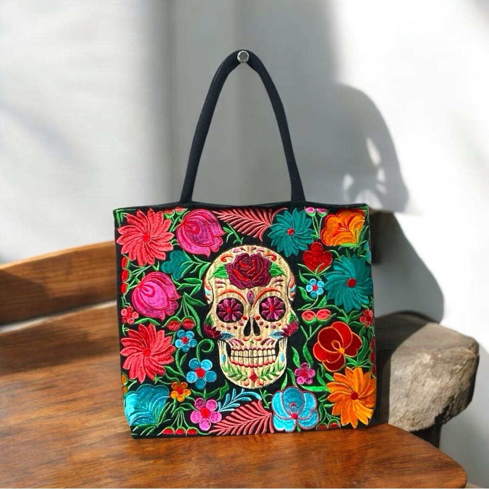 Embroidered Floral Skull Tote Bag - Multicolor